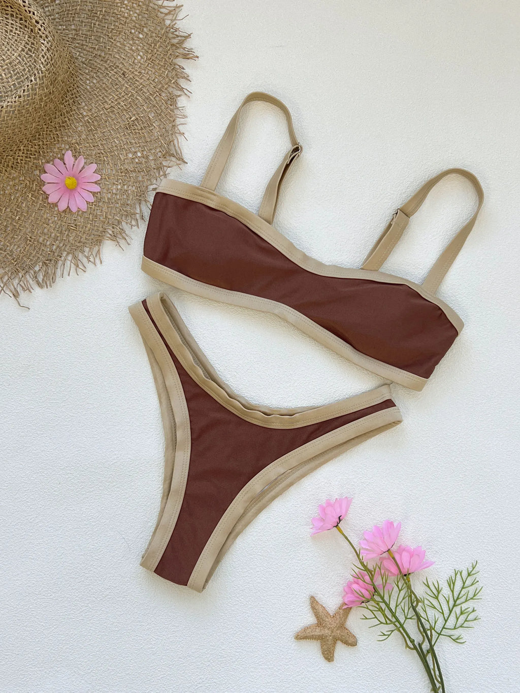 2026 Fashionable Women Two-Piece Swimsuit Adorable Chocolate Dot Design with Lace Detail Perfect for Beach Wear and Pool Parties
