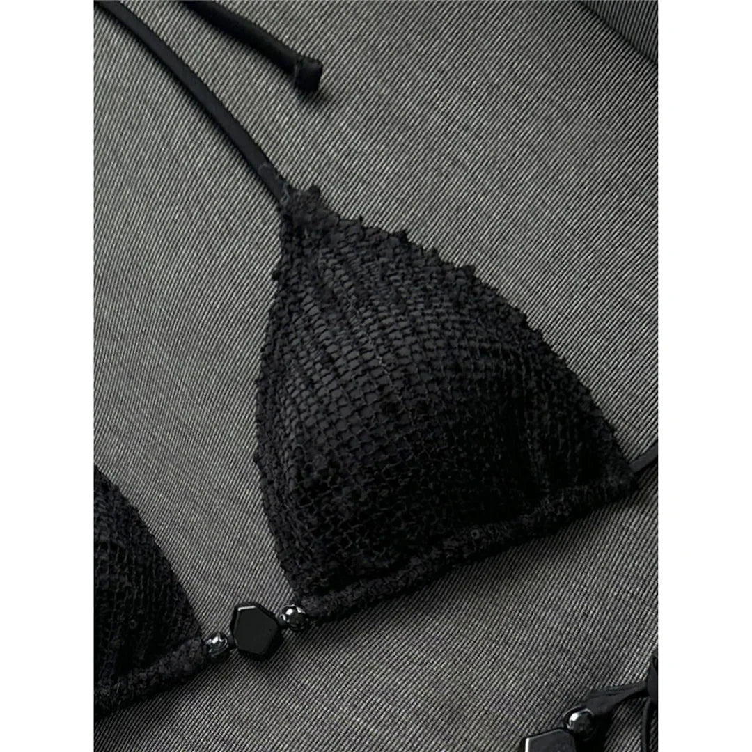 Halter Fishnet Bikini Women Swimwear Female Swimsuit Two-Pieces Bikini Set High Cut Leg Padded Bather Bathing Suit Swim V8339