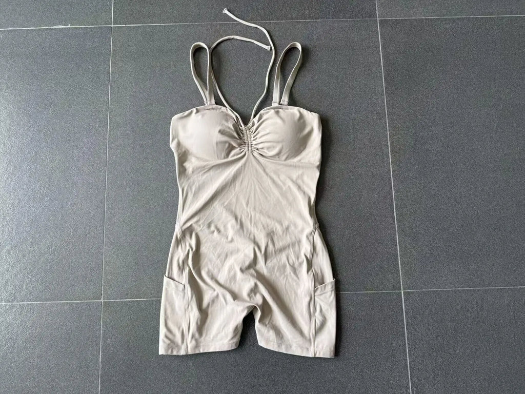 Womens Two Way Wear Bodysuit Sleeveless Yoga Stretch One Piece Romper Sexy Fitness Side Pockets Sportwears Bodysuit
