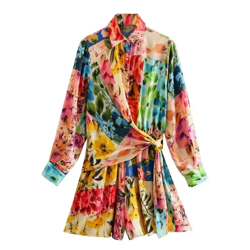Foridol Floral Boho Tie Dyed Summer Long Sleeve Romper Playsuit Overall Beach Button Shirt Spring Wide Leg Romper Jumpsuit