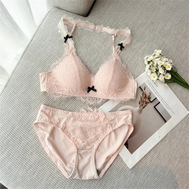 Deep V Halter Neck Bra Set French Style, Lace Push Up Bralette for Small Chest, Sexy Wireless Triangle Bra Set MOYISU Sexy Tushy