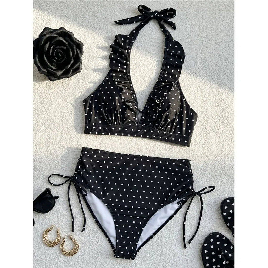 S - XL Polka Dot V Neck High Waist Bikini Female Swimsuit Women Swimwear Two-Pieces Bikini Set Bather Bathing Suit Swim V8111