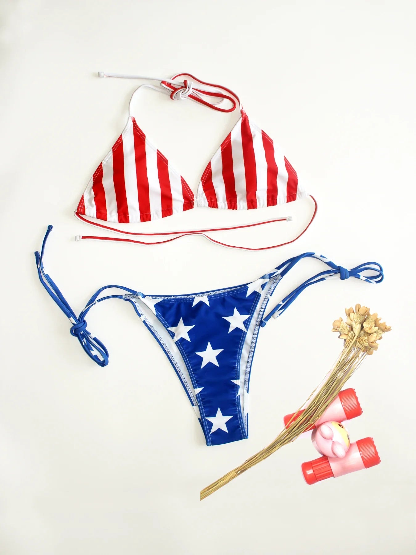 2025 New Women's Summer Beach Bikini Set American Flag Print Halter Strap Sexy Strapless Swimsuit for Beach Vacation Color Block