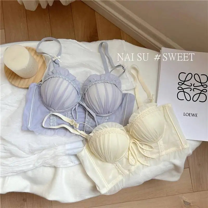 Sexy Lolita Bra Set for Women Wireless Push Up Bralette Lace Sexy Lingerie Set for Small Bust Gathering No Underwire MOYISU S-XL