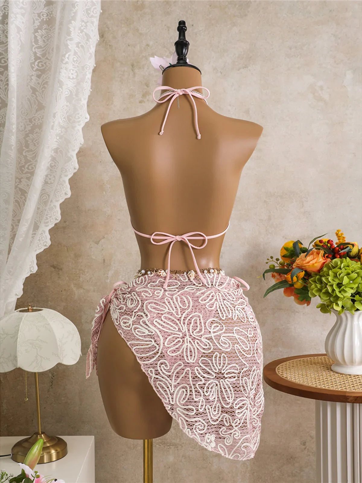 With Sarong Halter Printed Bikini Women Swimwear Female Swimsuit Padded Bather Bathing Suit Swim Three-pieces Bikini set K8073