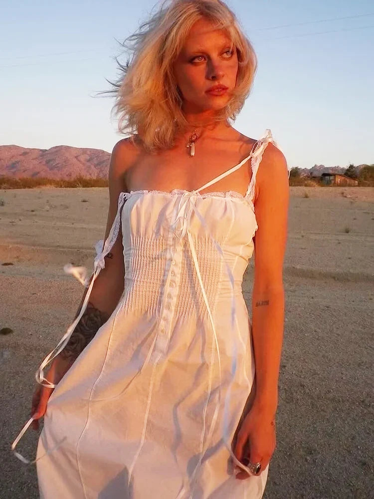 Summer Womens White Dresses Spaghetti Strap New in Long Dress 2025 Beach Casual Midi Party Vestidos Single Breasted Lace Dress