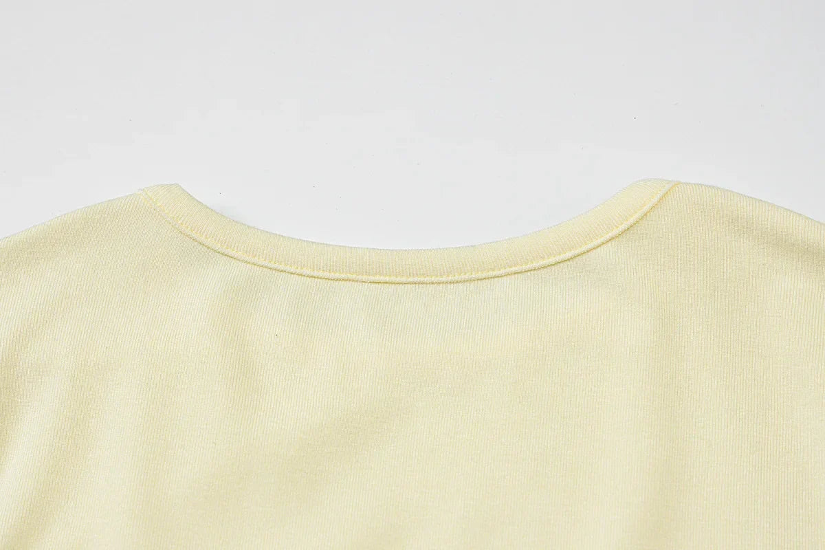 Woman Clothing Letter Print Short T-shirts Y2K Streetwear 2026 Summer O-neck Slim Fit Crop Tops Vacation Beach Tees Light Yellow
