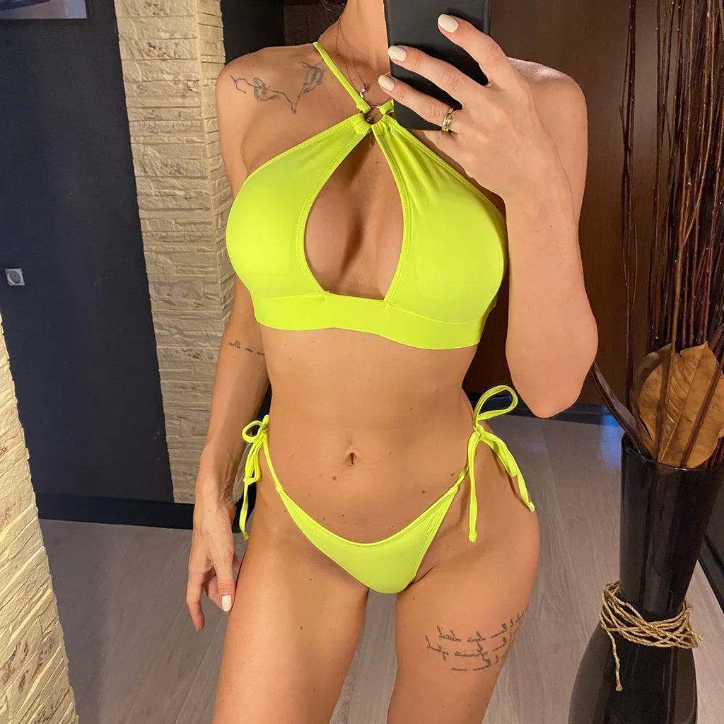 Cut Out Halter Bikini Female Swimsuit Women Swimwear Two-Pieces Bikini Set Padded Strappy Bather Bathing Suit Swim Lady V3423