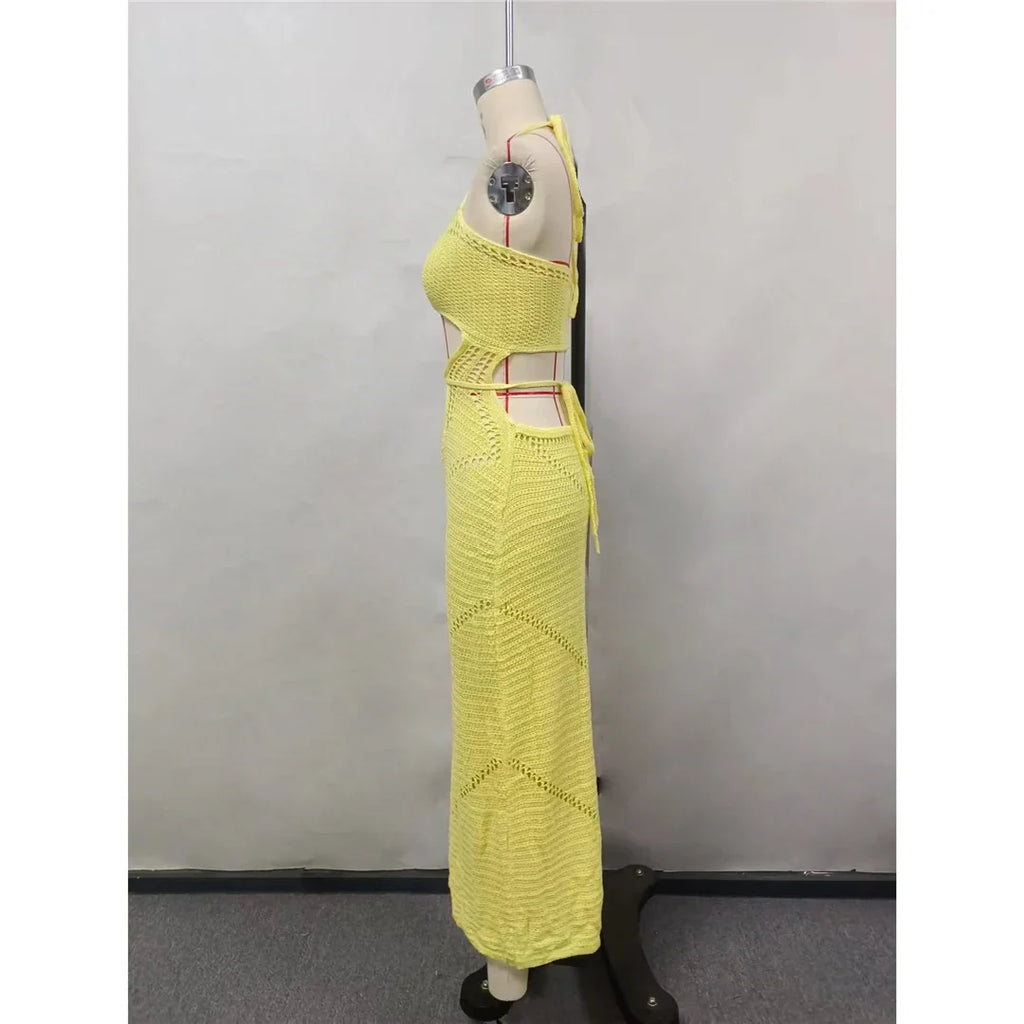 New Sexy Halter Tummy Cut Out Crochet Knitted Tunic Beach Cover Up Cover-ups Beach Dress Beach Wear Beachwear Female Women V5454
