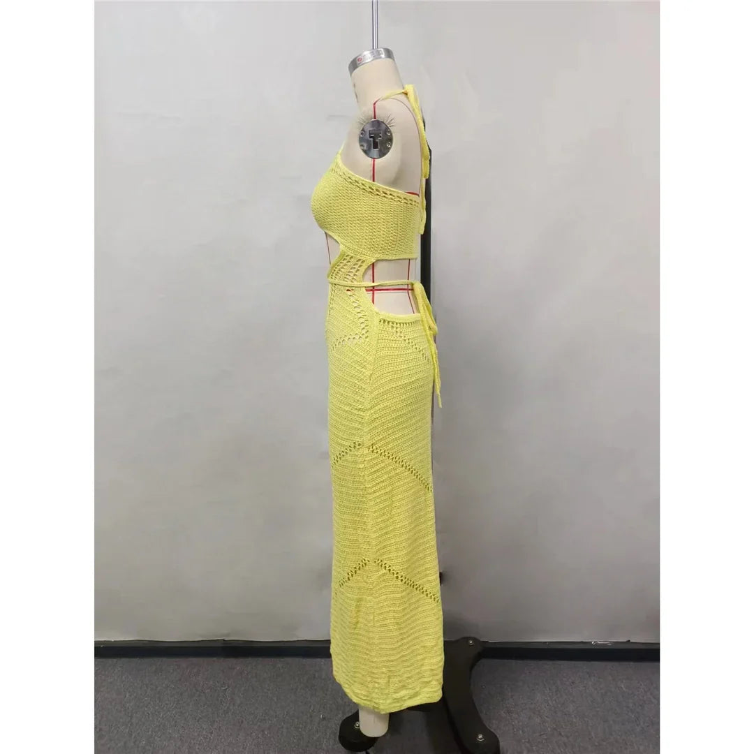 New Sexy Halter Tummy Cut Out Crochet Knitted Tunic Beach Cover Up Cover-ups Beach Dress Beach Wear Beachwear Female Women V5454
