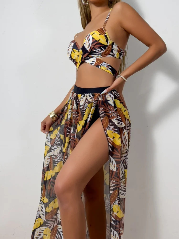 3 Pieces Strappy Bikini 2026 Women Push Up Swimsuit Sexy Swimwear Female With Beach Dress Bathers Bathing Swimming Swim Suit