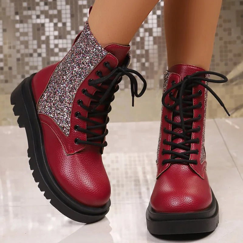 Retro Red Bling Shiny Boots for Women Lace Up Plus Size Ankle Boots Woman Spring Autumn Round Toe Thick Bottom Botas Mujer