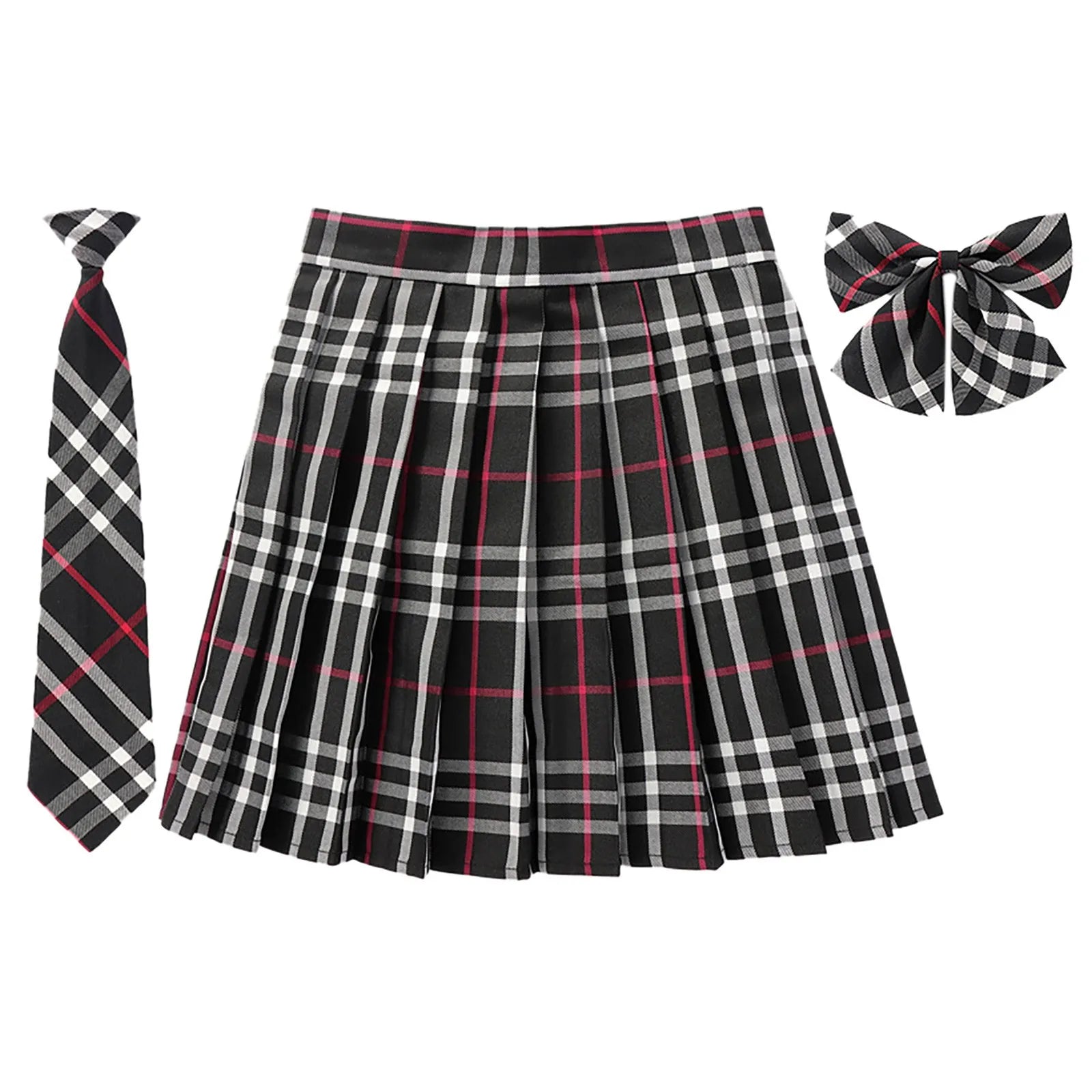 Women Summer Plaid Pleated Skirt With Necktie Bowtie Korean Jk Skirt Student Uniform Japanese School Preppy A Line Mini Skirts