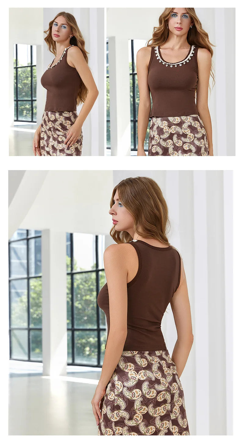 Summer Dress up Boho-style Women's Sleeveless Vest Versatile O-neck Slim fit Tank Top for Lady Solid Color Women's Short Top