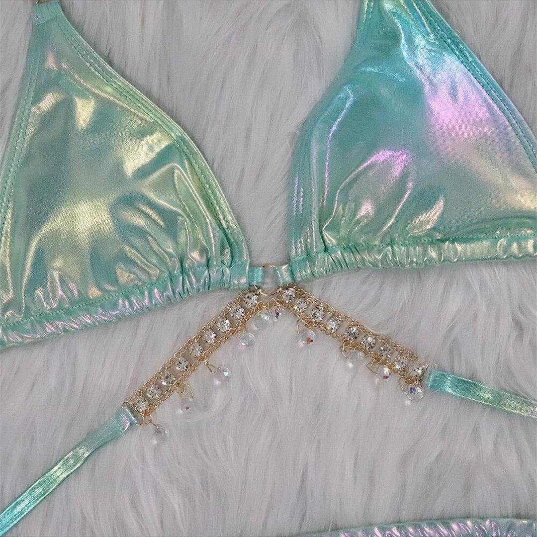 Diamond Rhinestones PU Faux Leather Bikini Female Swimsuit Women Swimwear Two-pieces Bikini Set Bather Bathing Suit Swim V5131