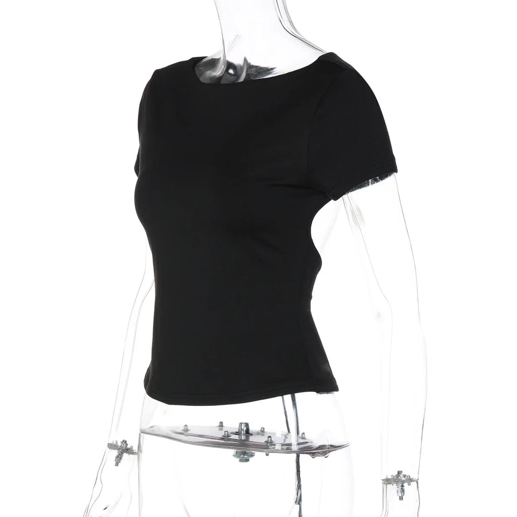 FDYOUI Fashion Casual Backless Lace-up T-shirts Women's Summer O-neck Short Sleeve Cropped Tops Streetwear Y2K Solid Tee Shirt