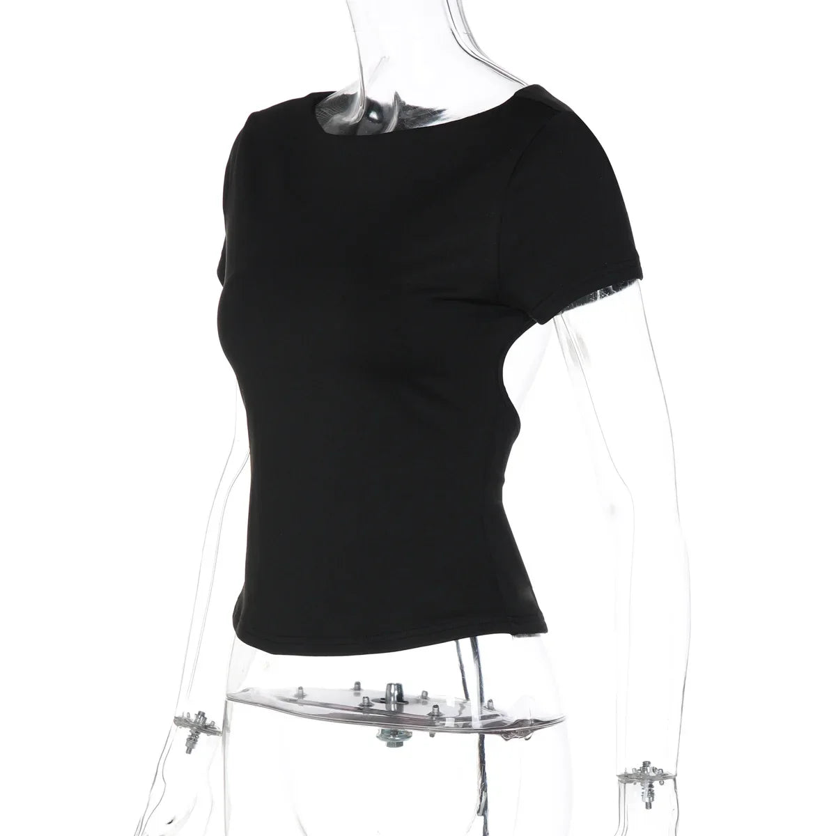 FDYOUI Fashion Casual Backless Lace-up T-shirts Women's Summer O-neck Short Sleeve Cropped Tops Streetwear Y2K Solid Tee Shirt