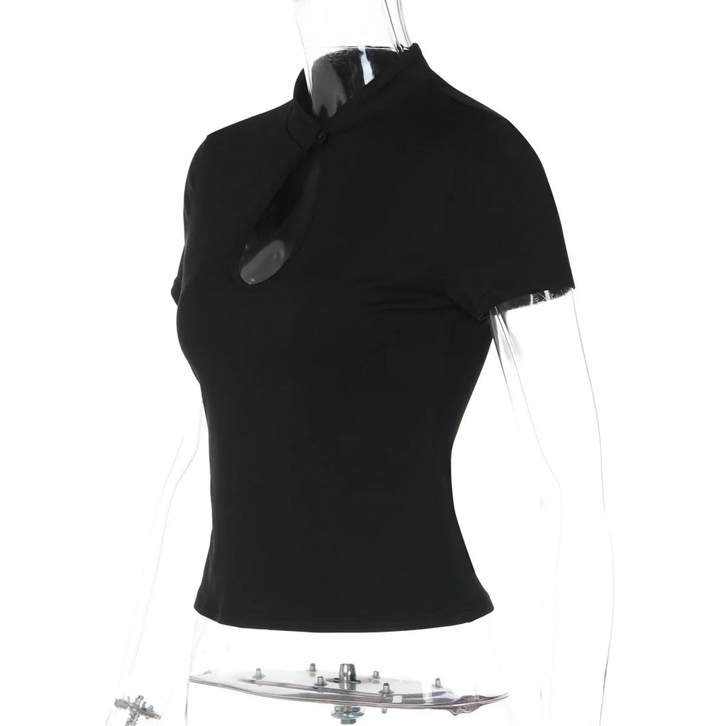 FDYOUI Fashion Stand Collar Button Hollow Out T-shirt for Women 2026 Sexy Short Sleeve Slim Cropped T Shirts Black Wine Red Tops