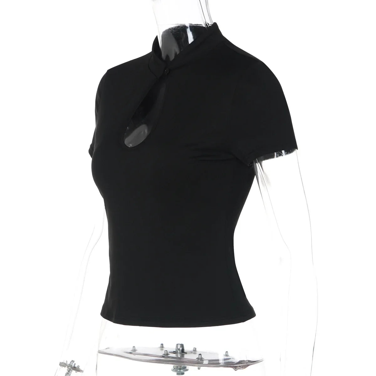 FDYOUI Fashion Stand Collar Button Hollow Out T-shirt for Women 2026 Sexy Short Sleeve Slim Cropped T Shirts Black Wine Red Tops