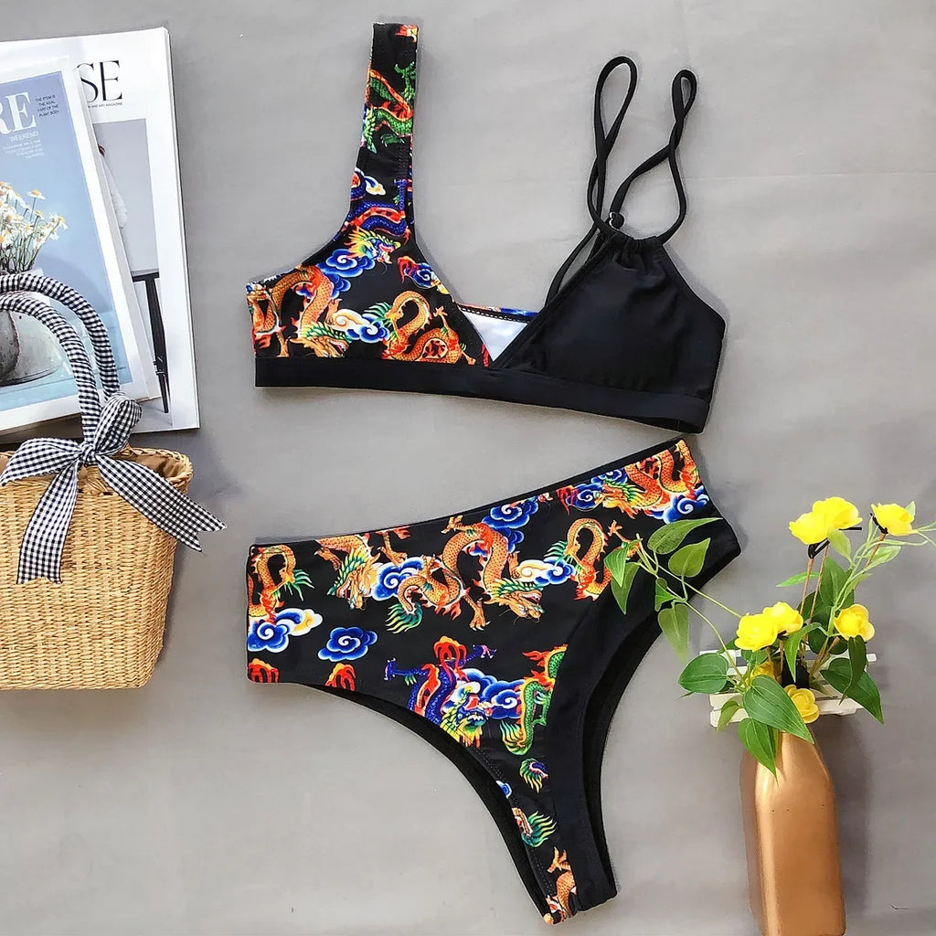 2026 Sexy Bikini Push Up Dragon Print Patchwork High Waist Vintage Swimwear Swimsuit Women Bikinis Set Bathing Suit Beach Bikini