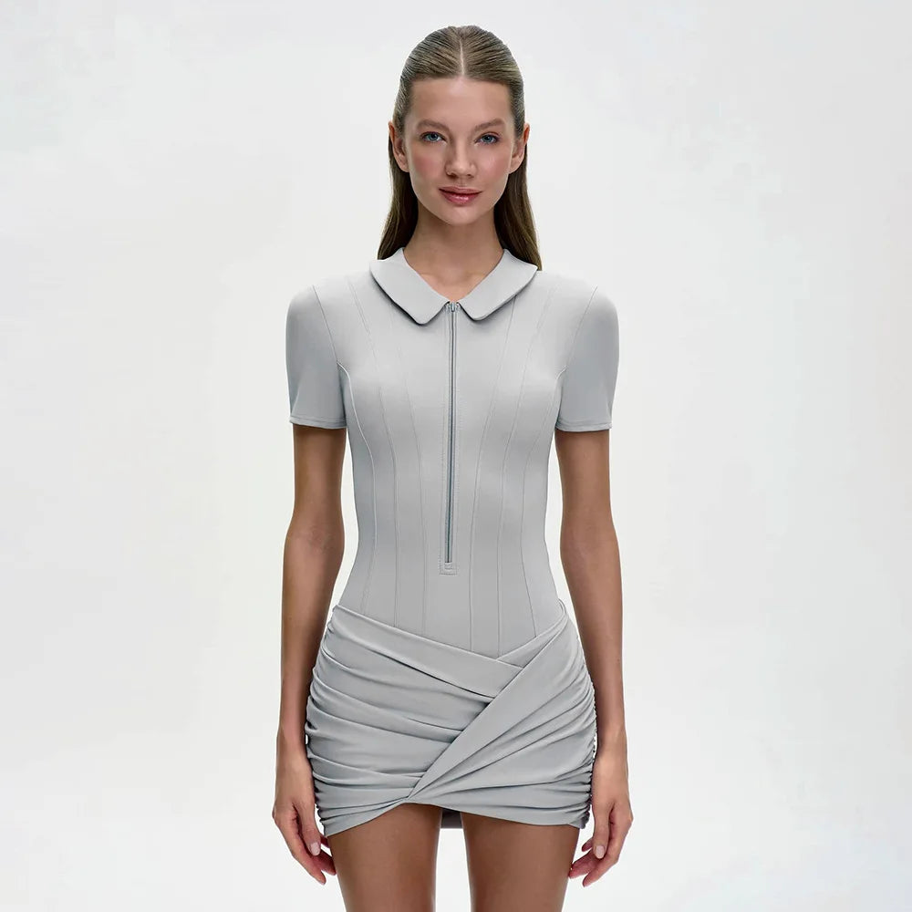 FDYOUI Women's Polo Collar Zip-up Jumpsuit Dress Chic Short Sleeve Folds Solid Bodysuits One Piece Yoga Fitness Sporty Playsuits
