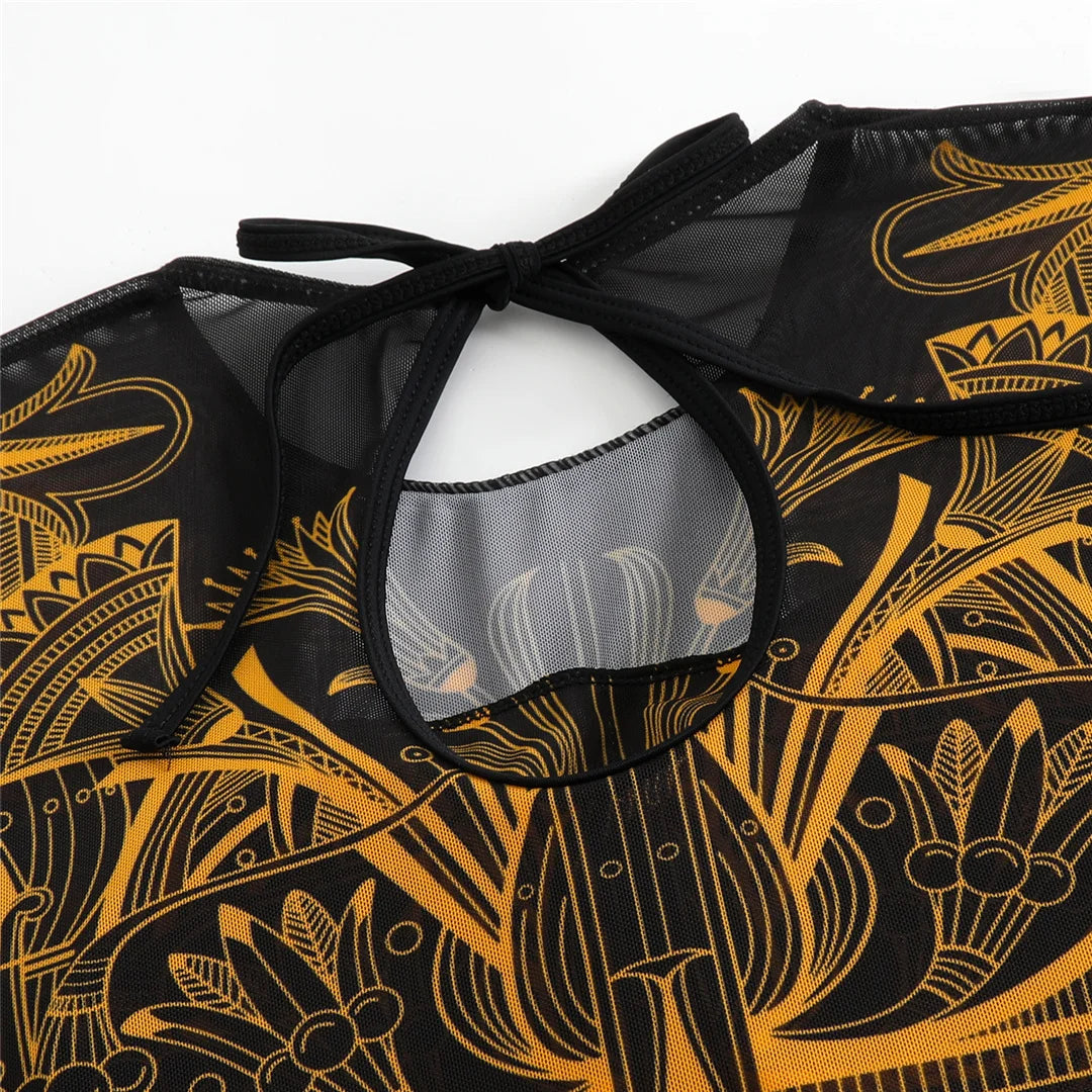 S - XXL 3PCS New Printed Long Sleeve With Pants Sarong Women Swimwear One Piece Swimsuit Female Bather Bathing Suit Swim K7180