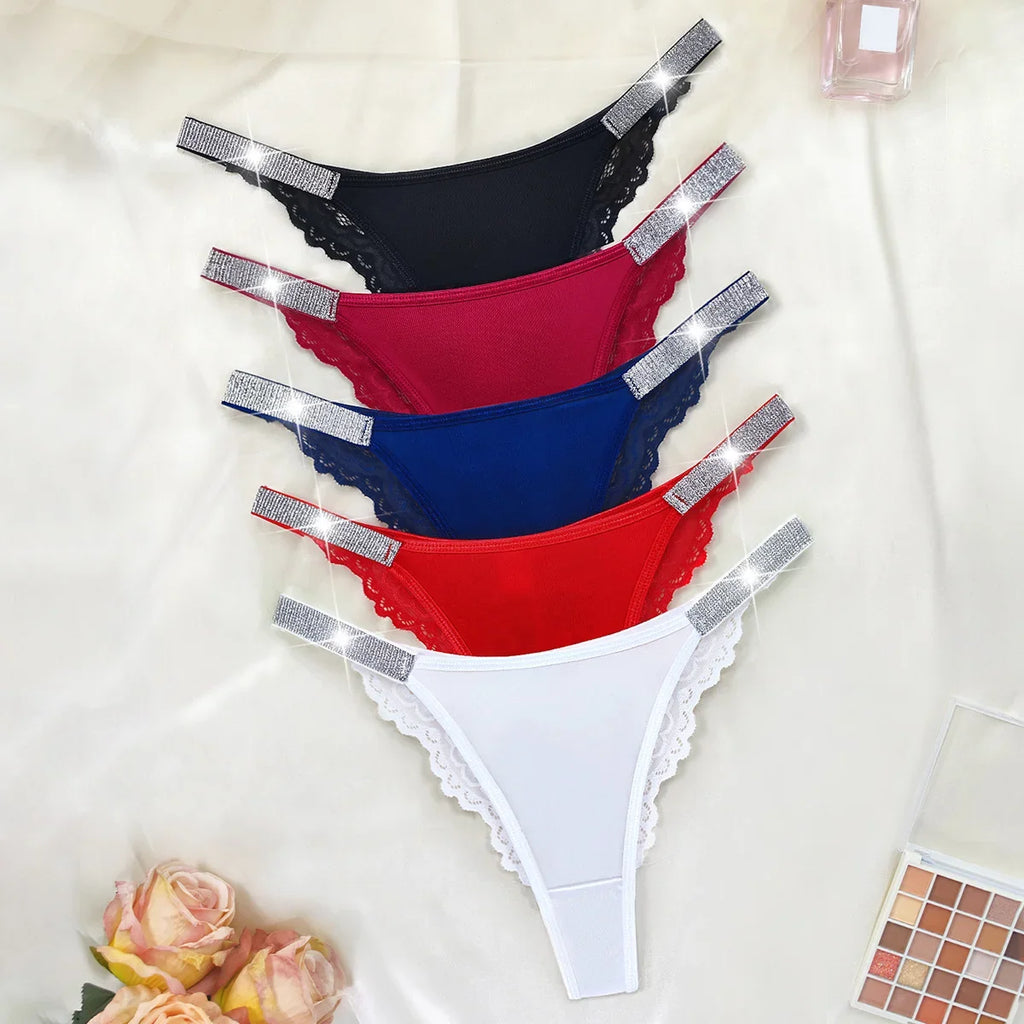 5pcs/Set Sexy Embroidery Two Shiny Belts Women Briefs Solid Low Waist Comfortable Female Panties Elegant Intimates Lingerie