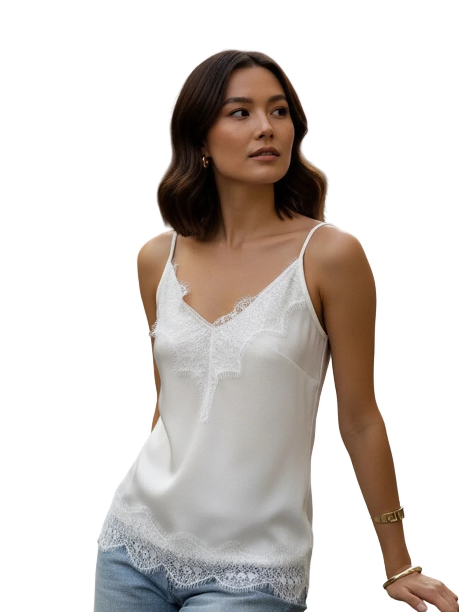 Fashion Summer Satin Tank Tops Women Solid Color Deep V Neck Sleeveless Adjustable Spaghetti Strap Lace Patchwork Vest