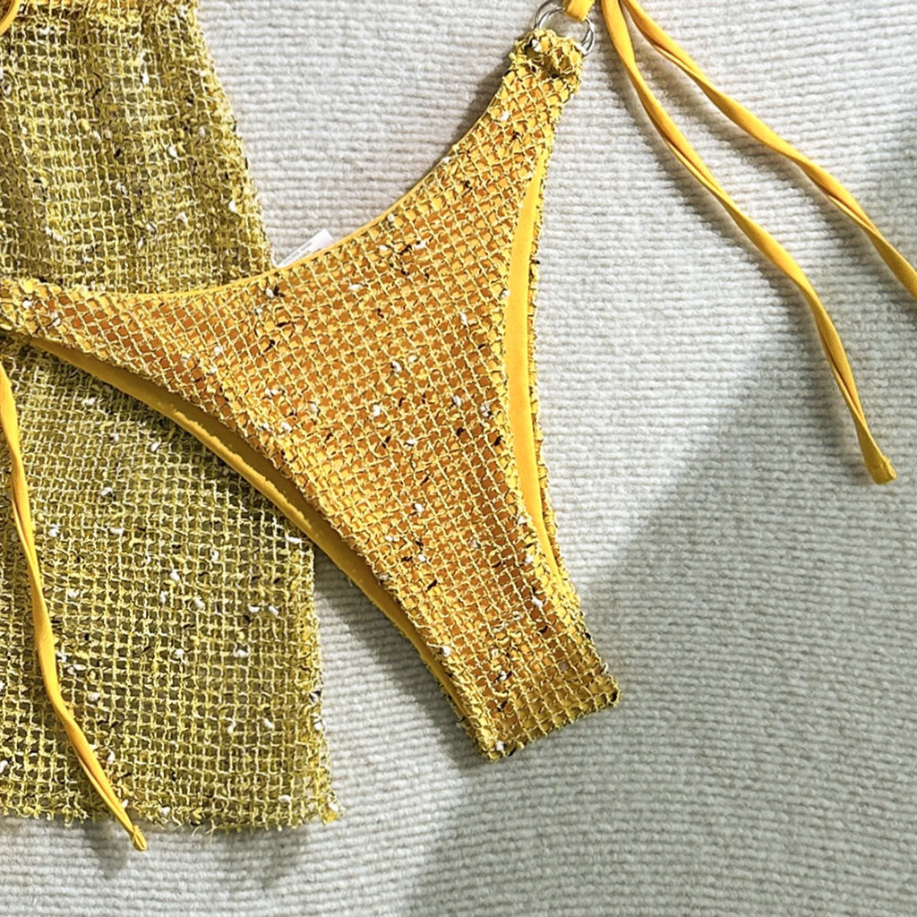 With Mesh Sarong Skirt Halter Bikini Women Swimwear Female Swimsuit Three-pieces Bikini Set Fishnet Bathing Suit Swim Beachwear