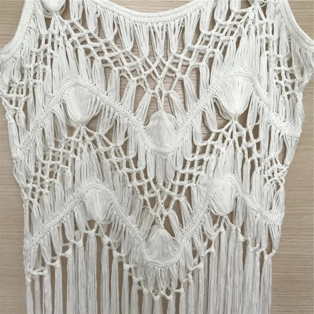 3 Colors Hollow Out Fringe Tassel Knitted Crochet Tunic Beach Cover Up Cover-ups Beach Dress Beach Wear Beachwear Female V3847