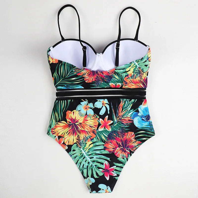 S - XL Floral Leaves Print Underwired Bra Cup Women Swimwear One Piece Swimsuit Female Monokini Bandeau Bathing Suit Swim Lady