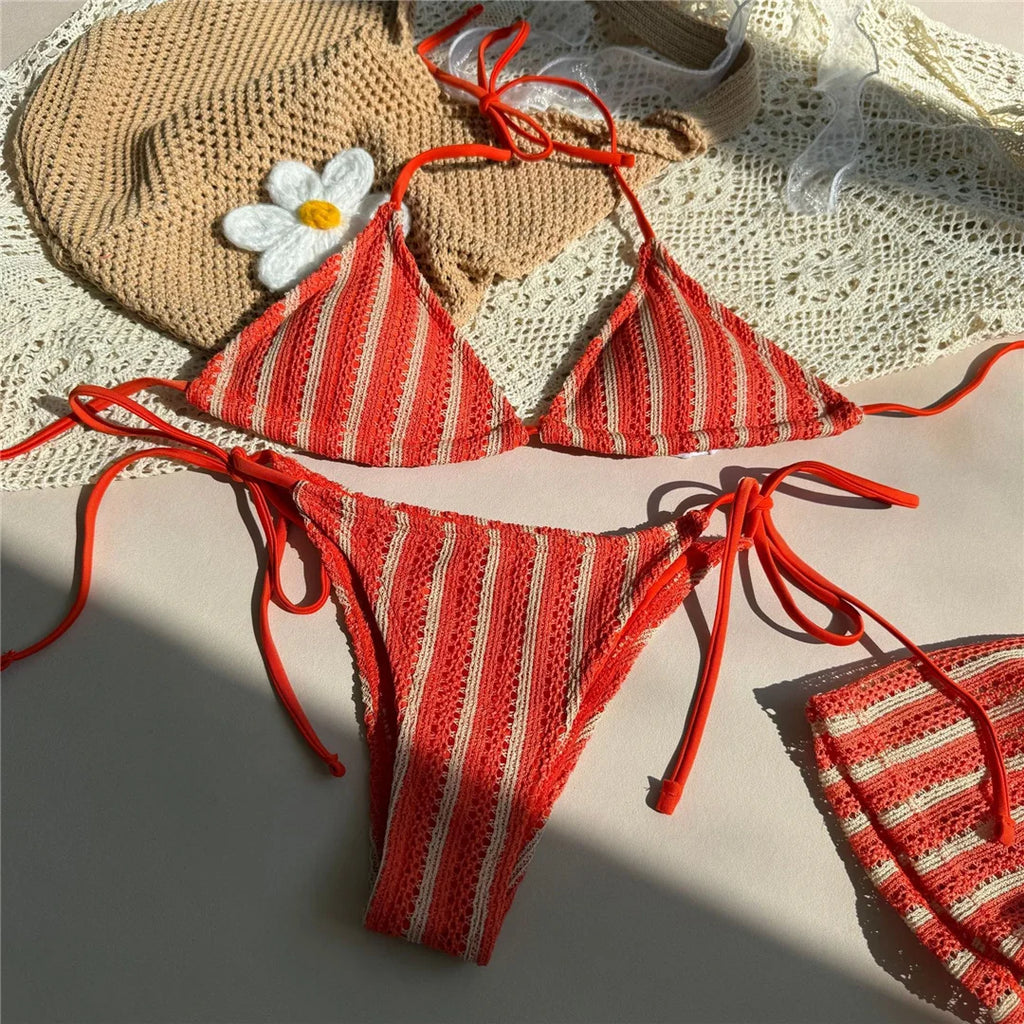 With Shorts Striped Halter Bikini Female Swimsuit Women Swimwear Three-Pieces Bikini Set Padded Bather Bathing Suit Swim V7159