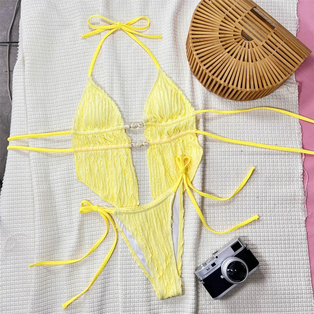 Wrinkled Tankini Halter Bikini Women Swimwear Female Swimsuit Two-Pieces Bikini Set High Cut Leg Bather Bathing Suit Swim V7154