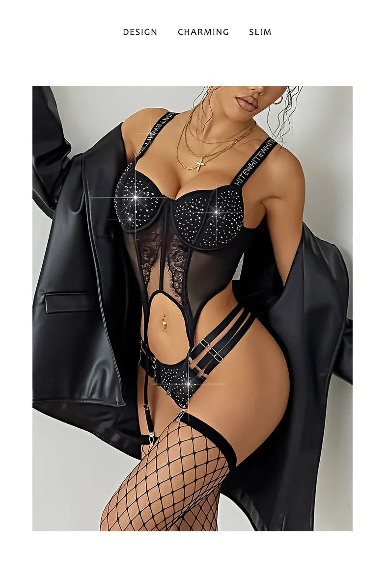 Sexy Shinestone Underwire Padded Bodysuits With Garter Belt Fishnet Transparent Backless Deep V Sleeveless Bodysuits Charm 0ZYL
