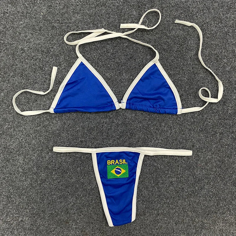 Sexy Spicy Girls Contrast Color Split Two Piece Y2K Europe America Slim Fashion Flag Printed Dopamine Bikini Beach Holiday Suit