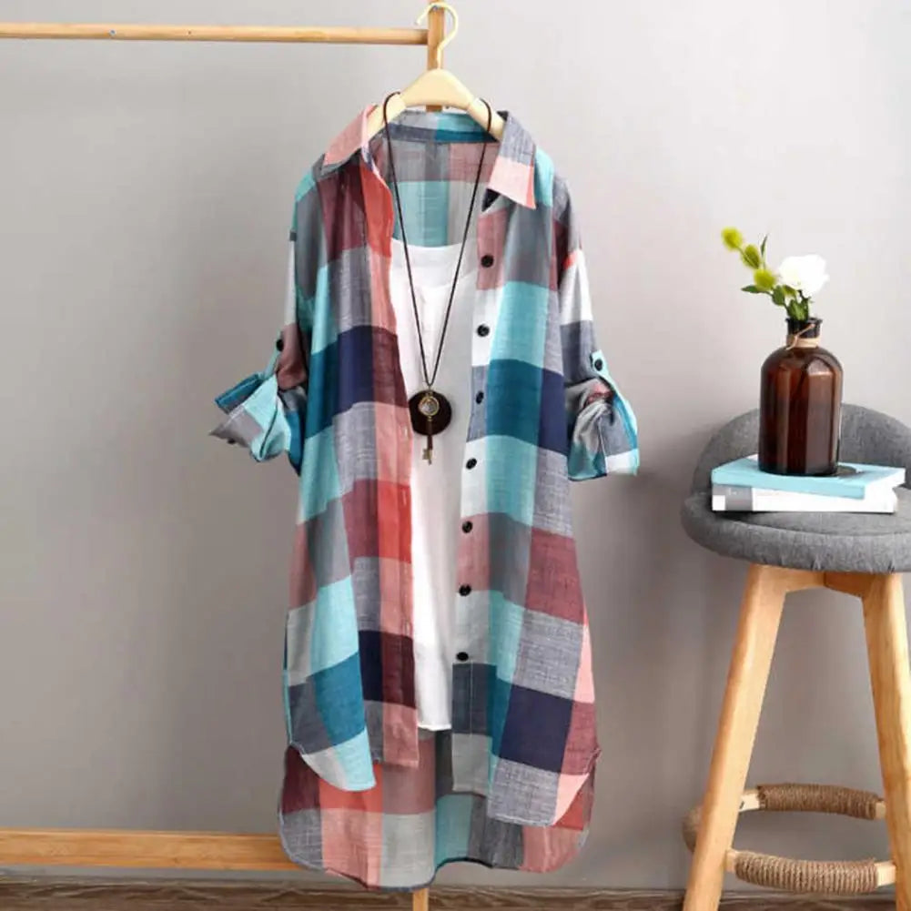 Long Sleeve Lapel Oversized Shirts Women Shirt Plaid Print Irregular Hem Single-breasted Soft Breathable Lady Long Top