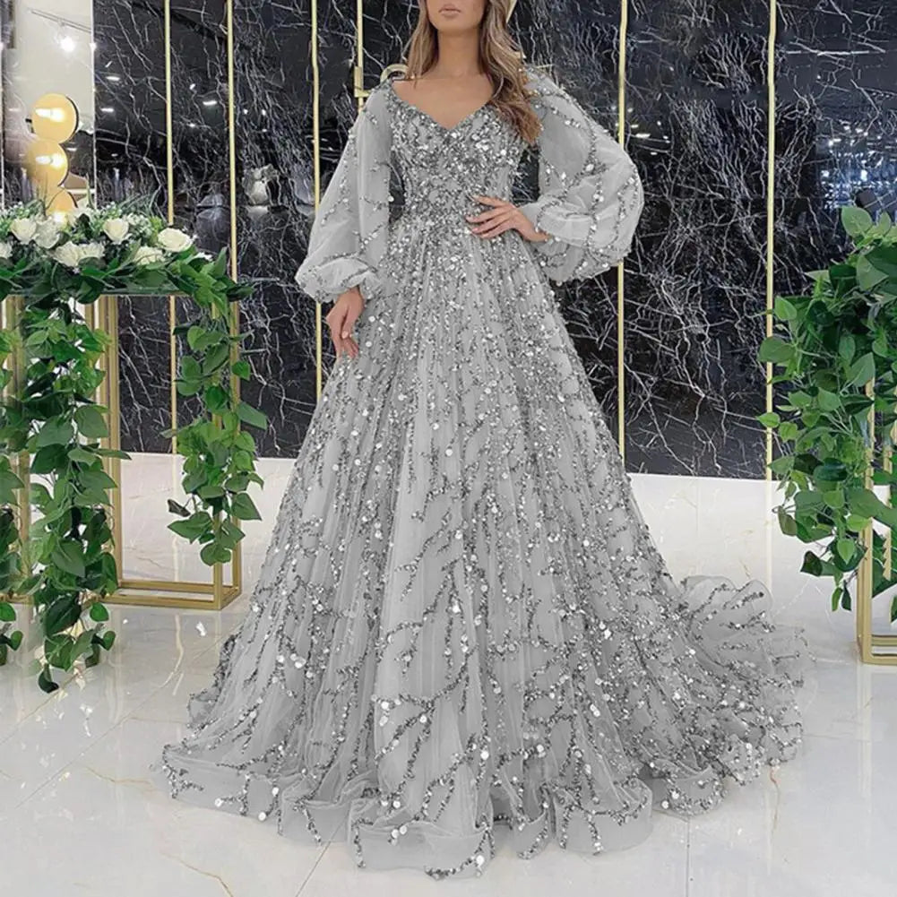 Women Evening Dress Lantern Sleeve V Neck Shiny Sequin A-line Double-layered Floor Length Mesh Cocktail Party Dress Prom Gown