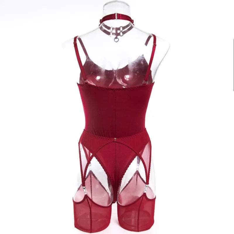 Toucheart Erotic Bodysuit Sexy Hot Tight Plunge Seductive Women's Intimate Flirt Romantic Garter Four-piece Set with Stockings