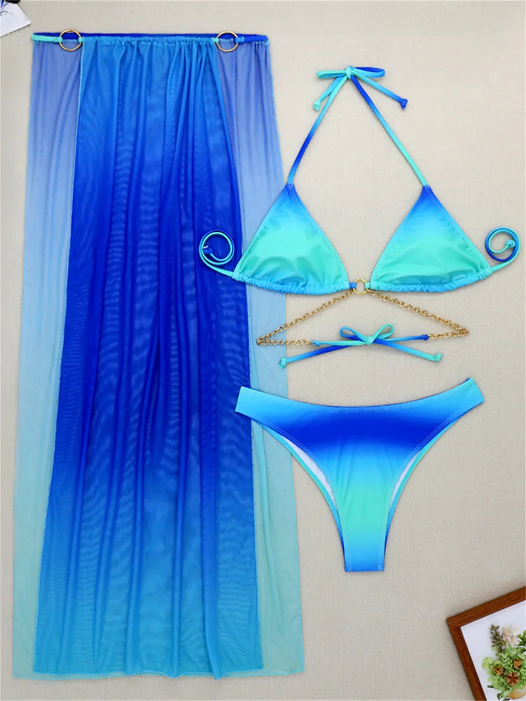 3 Pieces Thong Bikini Set 2026 Swimsuit Women & Kimono Swimwear Sexy Gradient Metal Criss Cross Bathing Suit Cover Up Bikinis