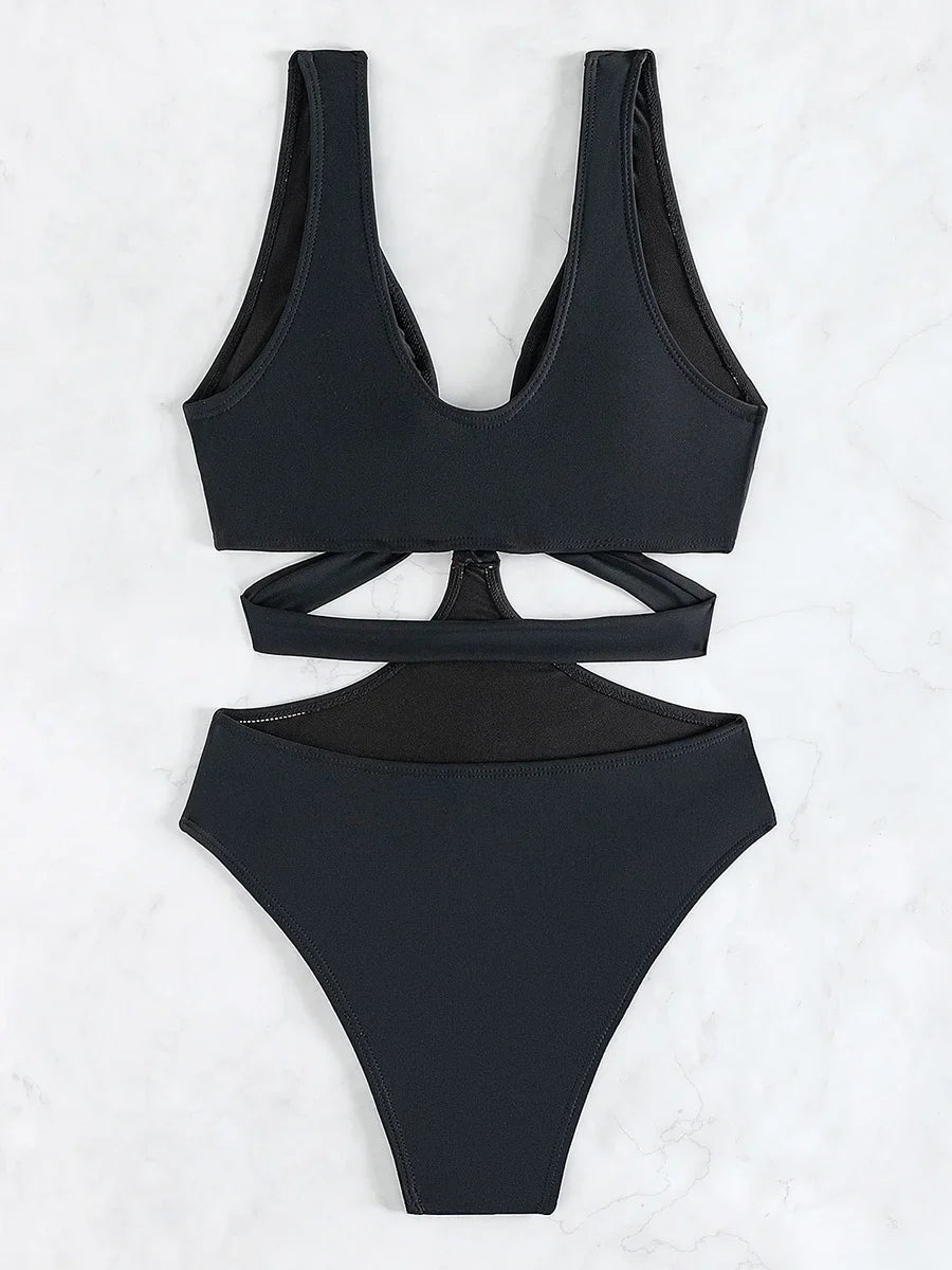 S - XL V Neck High Leg Cut One Piece Swimsuit Women Swimwear Female Bather Monokini Cross Bandage Bathing Suit Swim Beachwear
