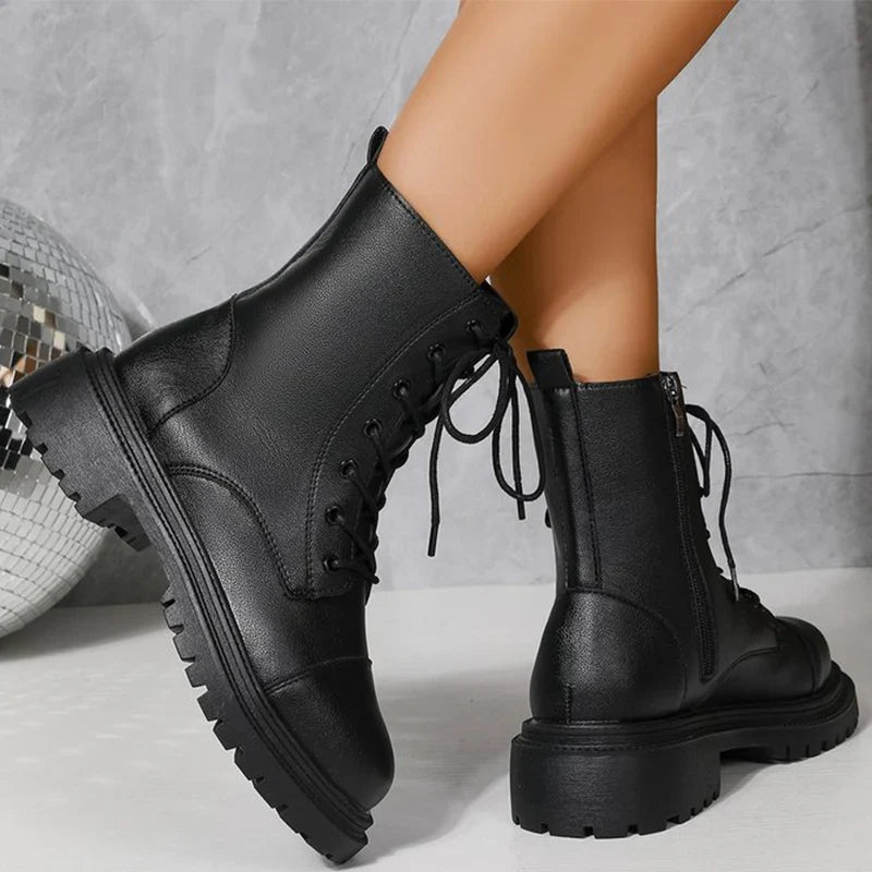 2025 Fashion Leather Lace-Up Ankle Boots for Women Wear-Resistant Zip Platform Woman Bootie Round Toe Zip Women's Boots