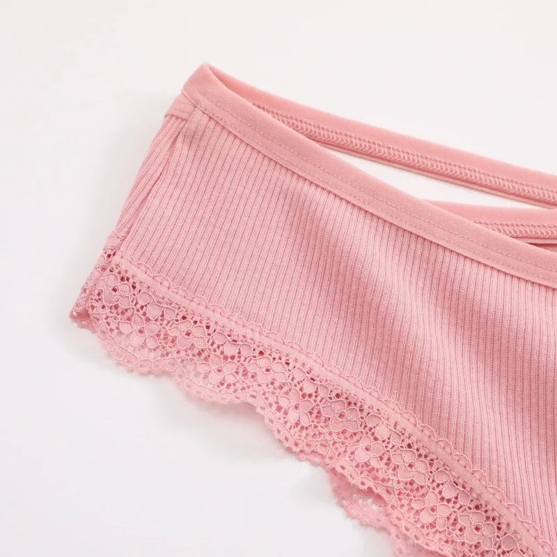 3PCS/Set Women Cotton Panties Low Waist Sexy Lace Brazilian Briefs Female Cross Webbing Underpants Soft Breathable Lingerie S-XL