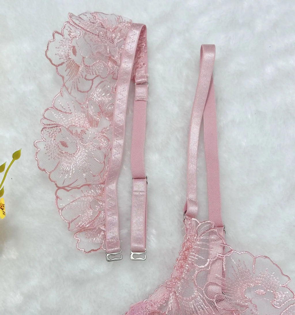 sexy lingerie embroidered see-through mesh bra with underwire four-piece set