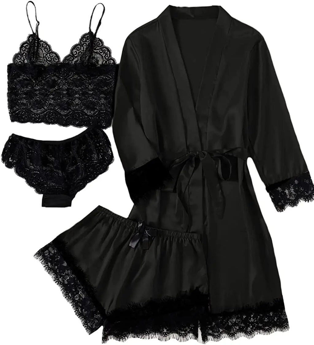 Sexy Women Home Dressing Gown Lingerie Lace Patchwork Satin Robe Set Nightwear Casual Sleepwear Kimono Bathrobe Home Nightdress