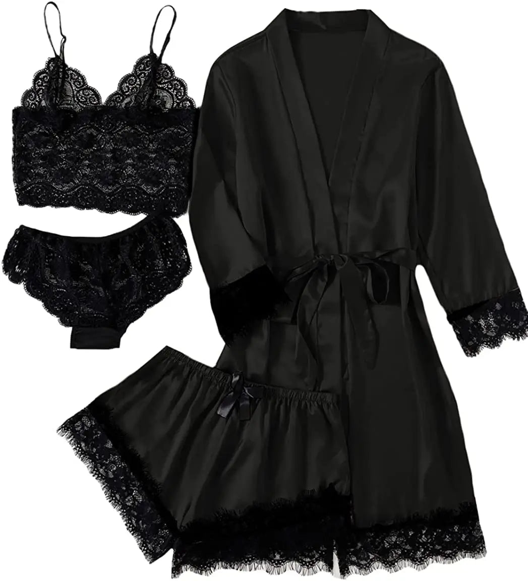 Sexy Women Home Dressing Gown Lingerie Lace Patchwork Satin Robe Set Nightwear Casual Sleepwear Kimono Bathrobe Home Nightdress