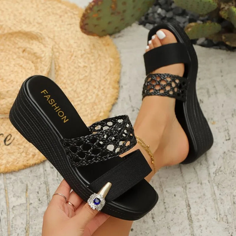 Womens  Sandals High Heeled Slippers Hollow Out Large Size Thick Soled Fish Mouth Sandals Non-Slip
