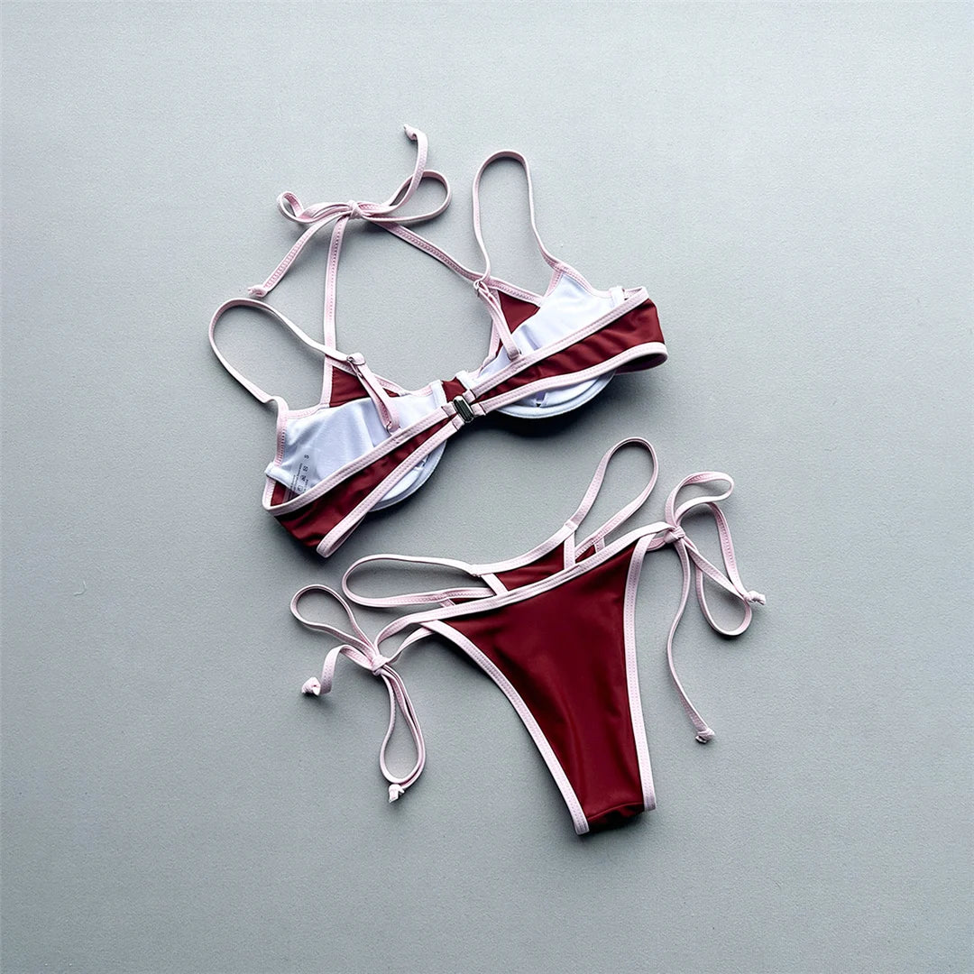 Halter Splicing Bikini Female Swimsuit Women Swimwear Two-pieces Bikini Set Underwired Strappy Bather Bathing Suit Swim V8173