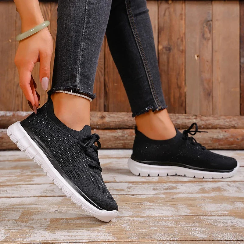 Breathable Mesh Sports Flat Shoes Women Plus Size 43 Slip On Knitted Platform Sneakers Woman Comfortable Soft Sole Running Shoes