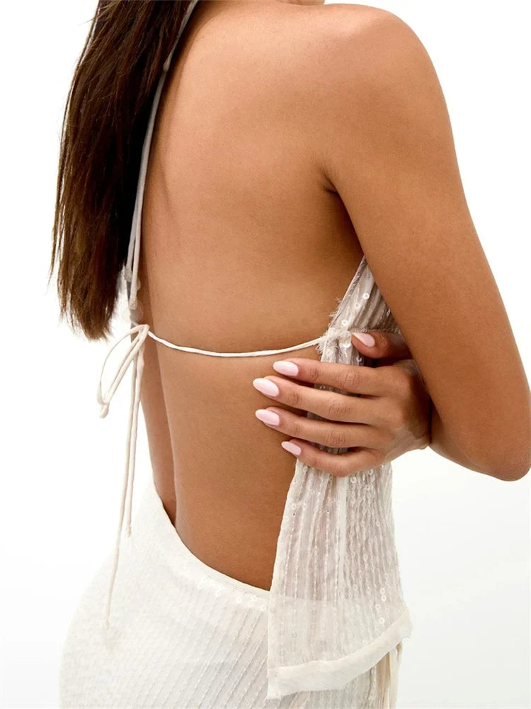 Women Sequins Tank Tops V-Neck Tie-Up Halter Neck Casual Vest Summer Sleeveless Crop Tops Streetwear