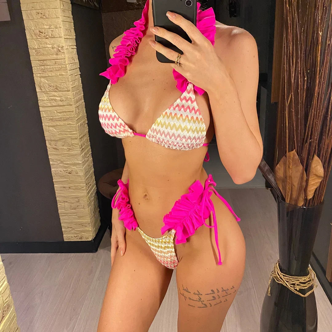 With Skirt Waved Ruffled Frilled Bikini Female Swimsuit Women Swimwear Three-pieces Bikini set Bather Bathing Suit Swim V5235